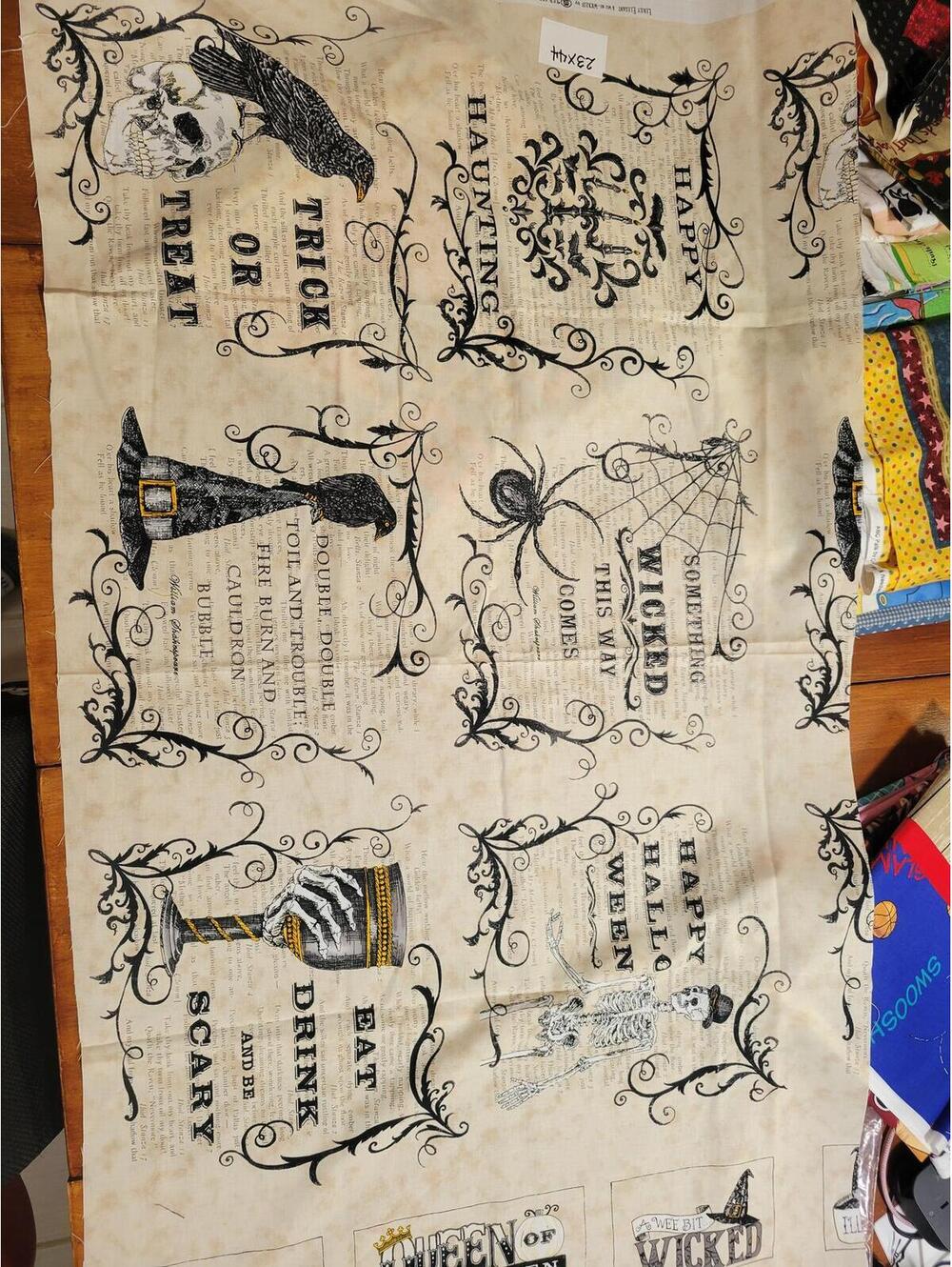 Wee Bit Wicked Moda Halloween Printed Fabric Panel 23 x 44 Witch Raven Skull